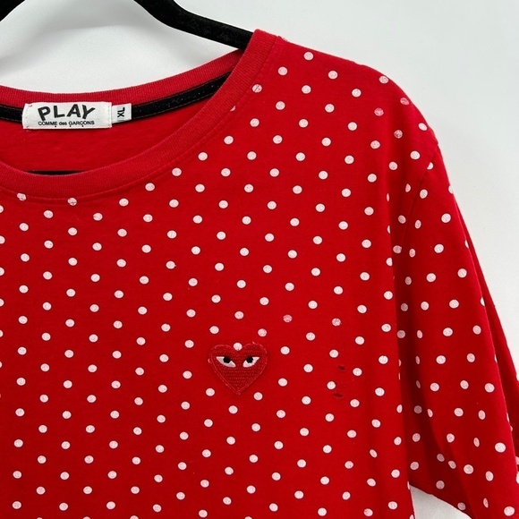 COMME DES GARCONS PLAY Red White Polka Dot Heart Embroidered T-Shirt Size XL - Picture 4 of 6